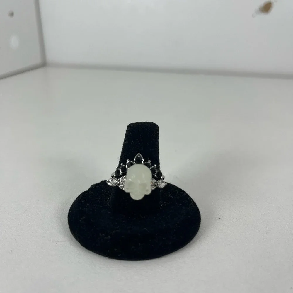 Silver Tone White Skull Ring Black Crystal Crown Gothic Statement Jewelry‎